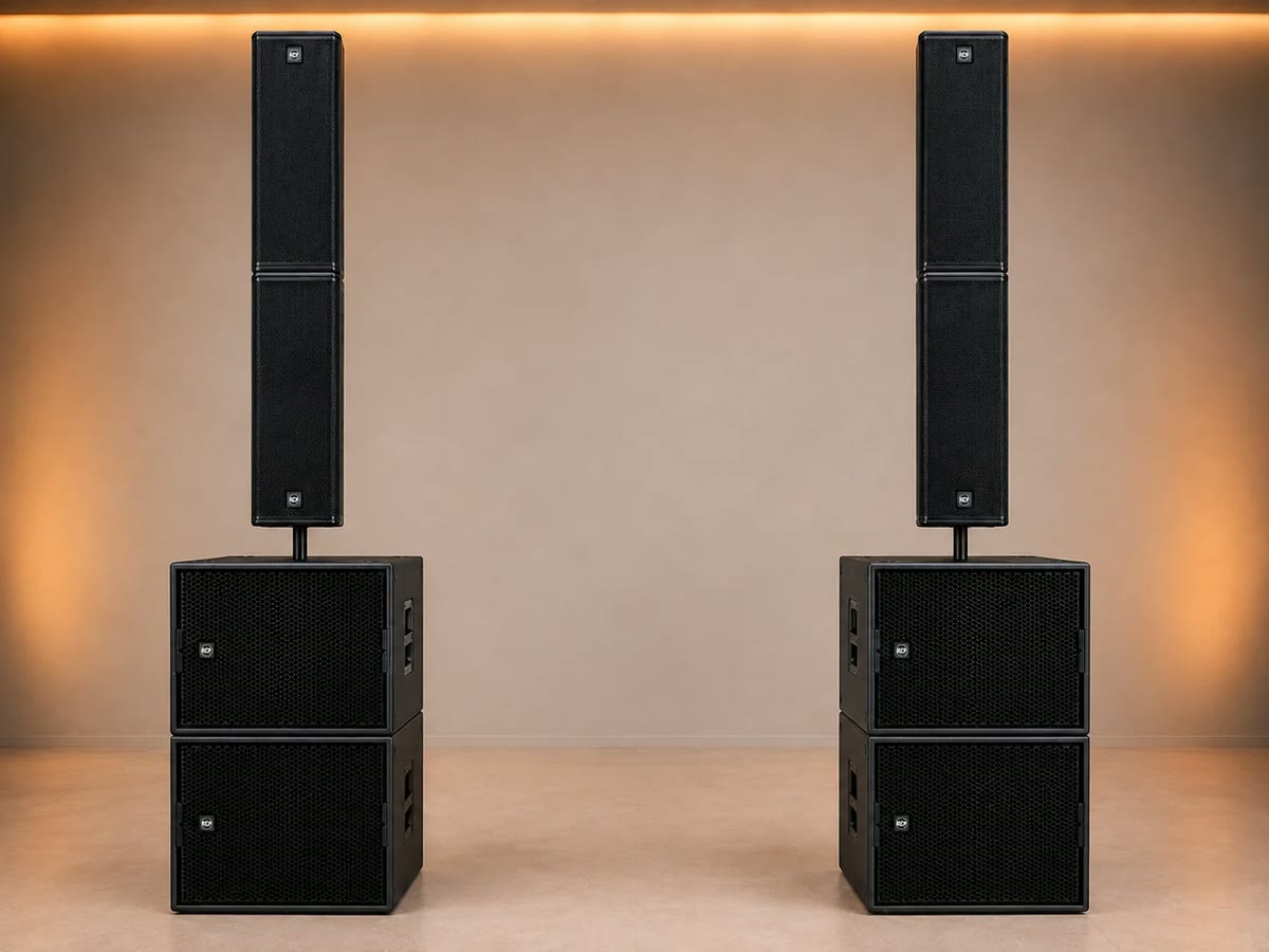 Dos torres de sonido PRODIBIZA con array vertical sobre subwoofer, montadas en una sala con iluminación cálida